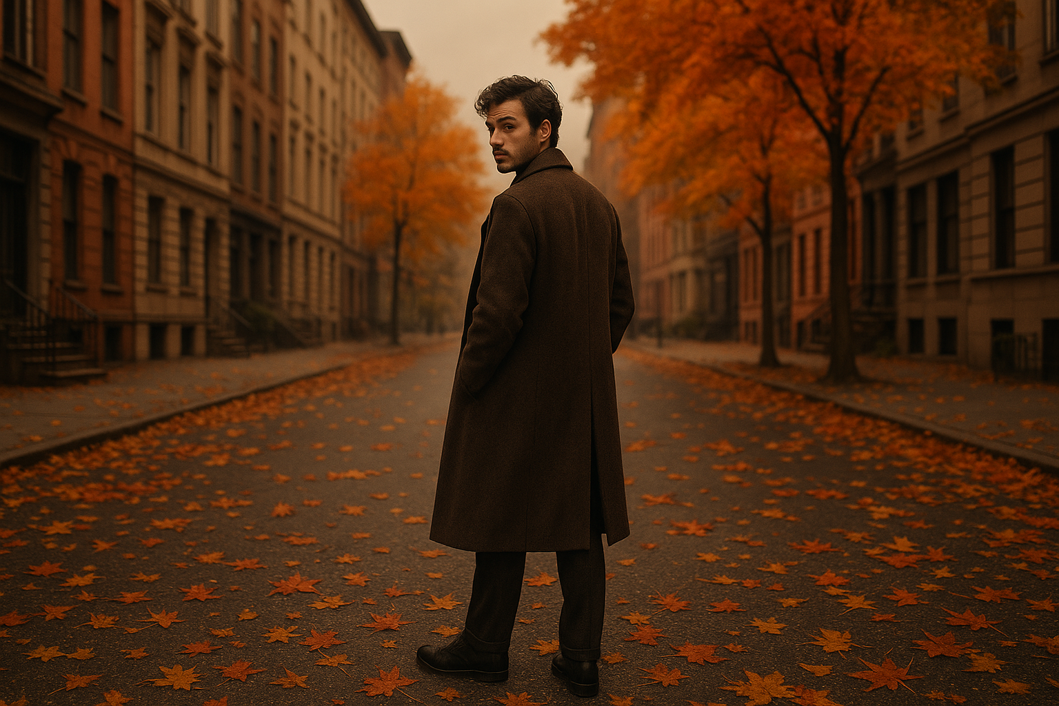 maak een afbeelding van een man met een lange jas poserend naar achter kijkend in het straat in de herfst in een stad 