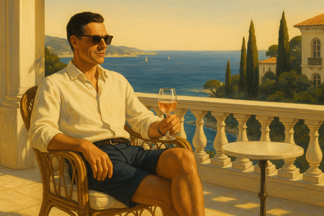 maak een old money stijl banner. met een man centraal in het midden die aan het genieten is van zijn vakantie in zuid-frankrijk